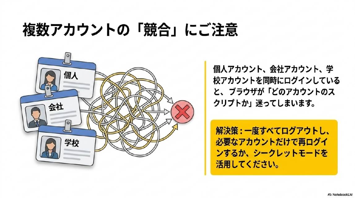 複数アカウントの競合にご注意。個人アカウント・会社アカウント・学校アカウントを同時にログインしていると、ブラウザがどのアカウントのスクリプトか迷ってしまいます。解決策：一度すべてログアウトし、必要なアカウントだけで再ログインするか、シークレットモードを活用してください。