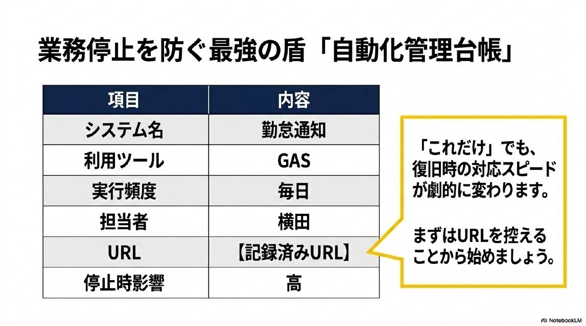 業務停止を防ぐ最強の盾「自動化管理台帳」。項目・内容の表：システム名・勤怠通知、利用ツール・GAS、実行頻度・毎日、担当者・横田、URL・記録済みURL、停止時影響・高。これだけでも、復旧時の対応スピードが劇的に変わります。まずはURLを控えることから始めましょう。