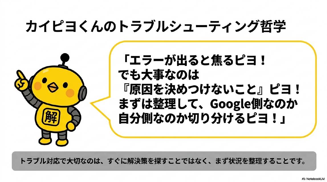 カイピヨくんのトラブルシューティング哲学。エラーが出ると焦るピヨ！でも大事なのは原因を決めつけないことピヨ！まずは整理して、Google側なのか自分側なのか切り分けるピヨ！トラブル対応で大切なのは、すぐに解決策を探すことではなく、まず状況を整理することです。