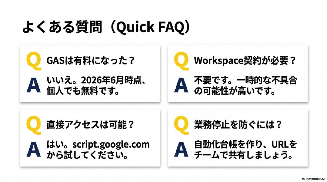 よくある質問（Quick FAQ）。Q：GASは有料になった？A：いいえ。2026年6月時点、個人でも無料です。Q：Workspace契約が必要？A：不要です。一時的な不具合の可能性が高いです。Q：直接アクセスは可能？A：はい。script.google.comから試してください。Q：業務停止を防ぐには？A：自動化台帳を作り、URLをチームで共有しましょう。