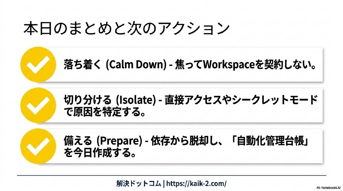 本日のまとめと次のアクション。落ち着く（Calm Down）：焦ってWorkspaceを契約しない。切り分ける（Isolate）：直接アクセスやシークレットモードで原因を特定する。備える（Prepare）：依存から脱却し、自動化管理台帳を今日作成する。解決ドットコム https://kaik-2.com/