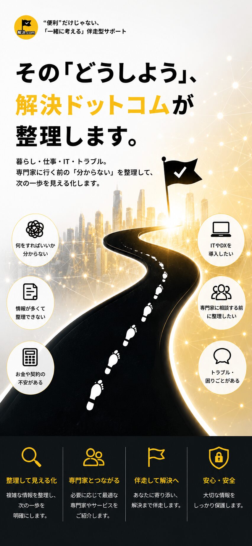 スマホ版ファーストビュー。そのどうしよう、解決ドットコムが整理します。暮らし・仕事・IT・トラブルの分からないを整理し、次の一歩を見える化します。