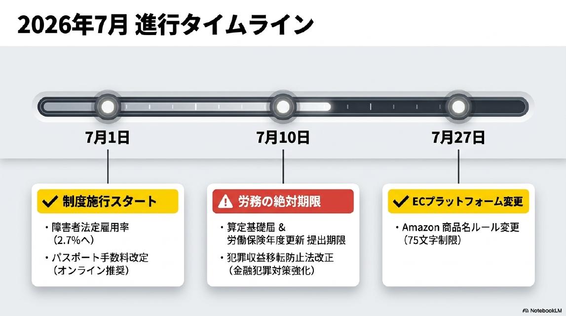 2026年7月 進行タイムライン。7月1日：制度施行スタート（障害者法定雇用率2.7%へ・パスポート手数料改定オンライン推奨）。7月10日：労務の絶対期限（算定基礎届＆労働保険年度更新提出期限・犯罪収益移転防止法改正）。7月27日：ECプラットフォーム変更（Amazon商品名ルール変更75文字制限）。