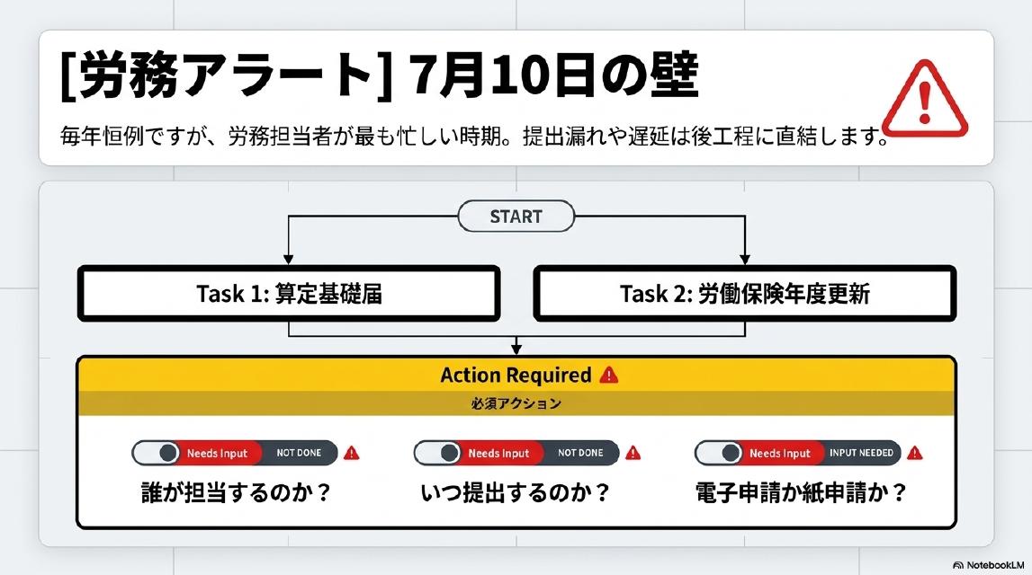 【労務アラート】7月10日の壁。毎年恒例ですが、労務担当者が最も忙しい時期。提出漏れや遅延は後工程に直結します。Task1：算定基礎届。Task2：労働保険年度更新。必須アクション：誰が担当するのか？いつ提出するのか？電子申請か紙申請か？