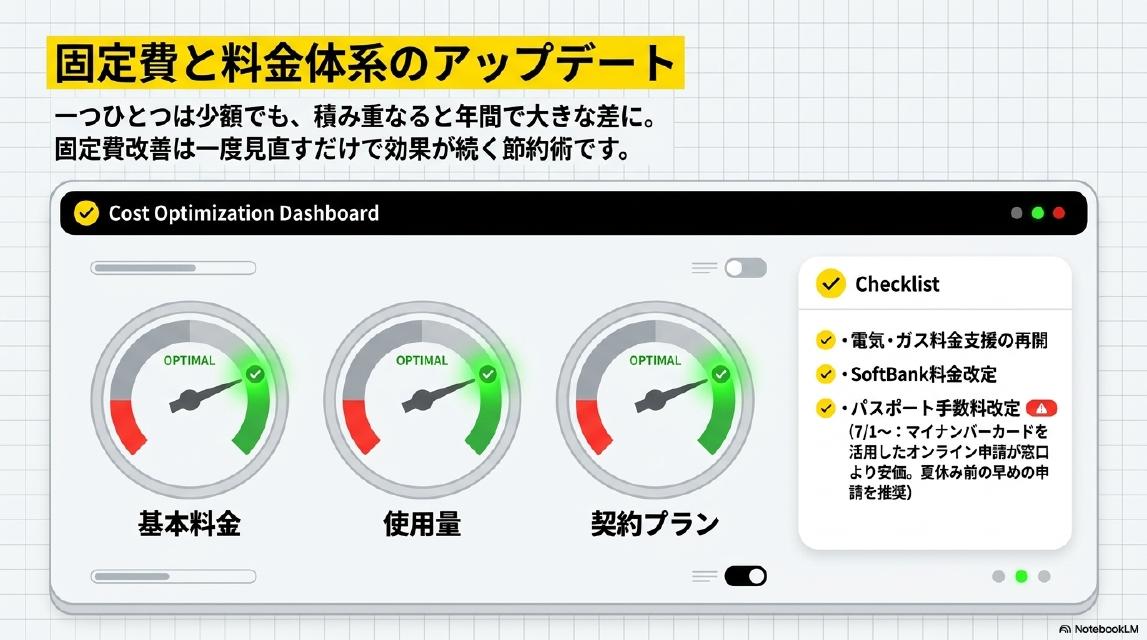 固定費と料金体系のアップデート。一つひとつは少額でも積み重なると年間で大きな差に。固定費改善は一度見直すだけで効果が続く節約術です。Cost Optimization Dashboard：基本料金・使用量・契約プランを最適化。Checklist：電気・ガス料金支援の再開・SoftBank料金改定・パスポート手数料改定（7/1〜：マイナンバーカードを活用したオンライン申請が窓口より安価。夏休み前の早めの申請を推奨）。