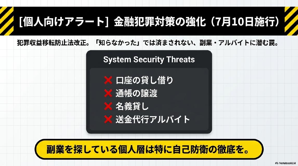 【個人向けアラート】金融犯罪対策の強化（7月10日施行）。犯罪収益移転防止法改正。「知らなかった」では済まされない、副業・アルバイトに潜む罠。NG：口座の貸し借り・通帳の譲渡・名義貸し・送金代行アルバイト。副業を探している個人層は特に自己防衛の徹底を。
