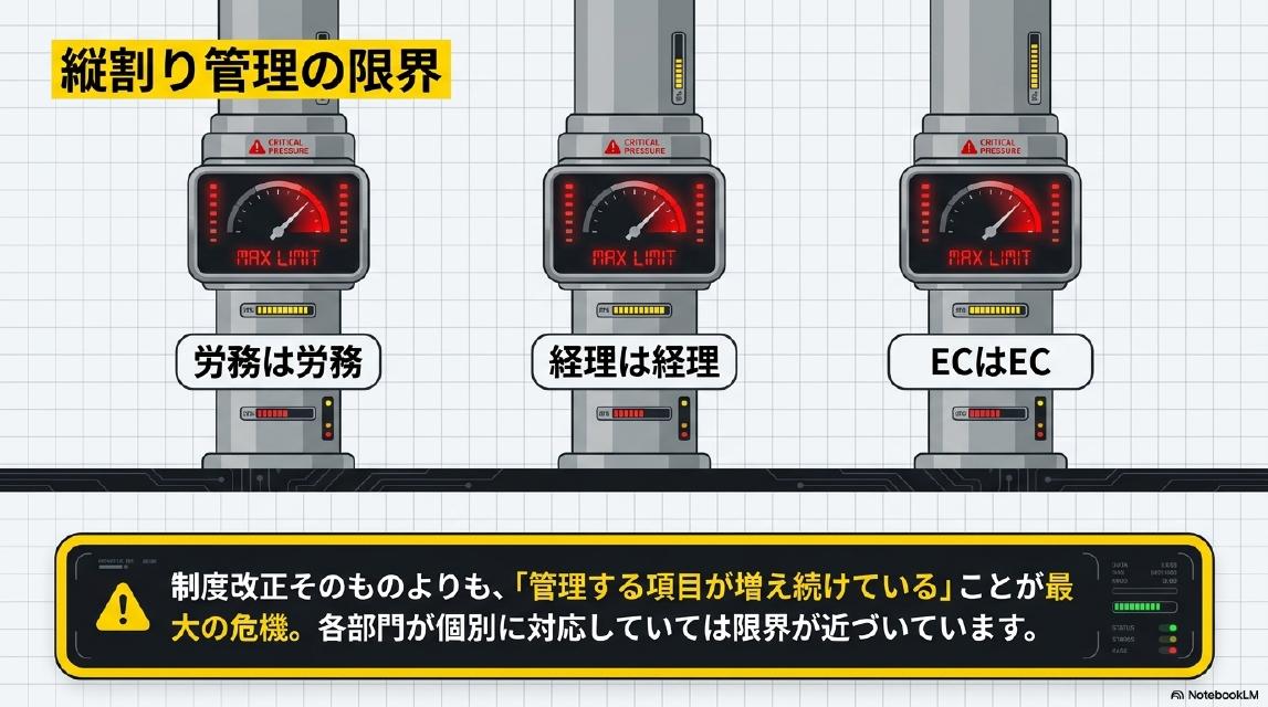 縦割り管理の限界。労務は労務・経理は経理・ECはEC（各部門がMAX LIMIT状態）。制度改正そのものよりも、「管理する項目が増え続けている」ことが最大の危機。各部門が個別に対応していては限界が近づいています。