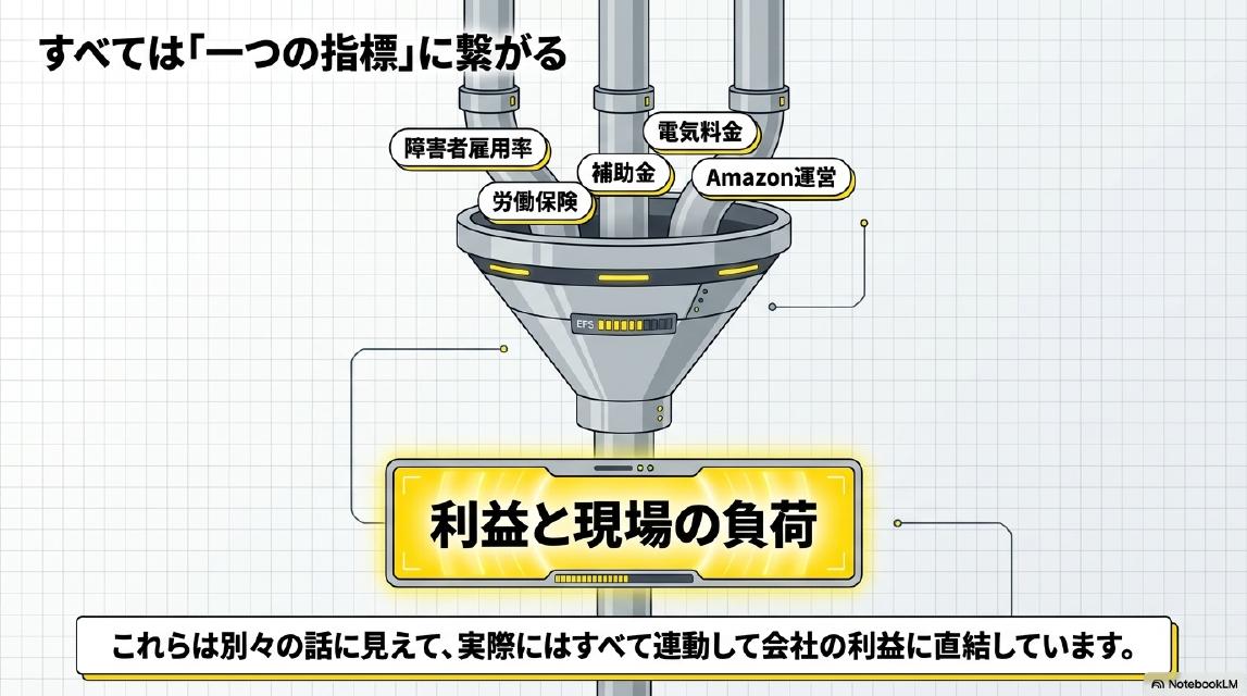 すべては「一つの指標」に繋がる。障害者雇用率・労働保険・補助金・電気料金・Amazon運営——これらは別々の話に見えて、実際にはすべて連動して会社の「利益と現場の負荷」に直結しています。