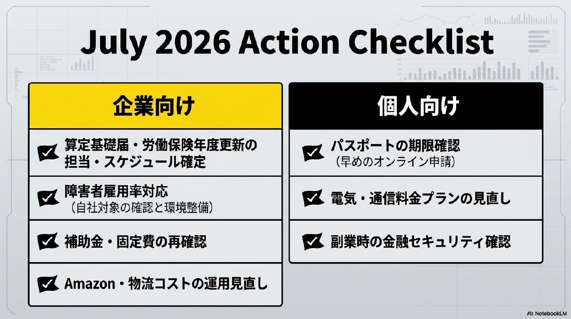 July 2026 Action Checklist。企業向け：✓算定基礎届・労働保険年度更新の担当・スケジュール確定 ✓障害者雇用率対応（自社対象の確認と環境整備）✓補助金・固定費の再確認 ✓Amazon・物流コストの運用見直し。個人向け：✓パスポートの期限確認（早めのオンライン申請）✓電気・通信料金プランの見直し ✓副業時の金融セキュリティ確認。