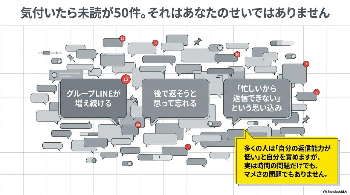気付いたら未読が50件。それはあなたのせいではありません。グループLINEが増え続ける・後で返そうと思って忘れる・「忙しいから返信できない」という思い込み。多くの人は「自分の返信能力が低い」と自分を責めますが、実は時間の問題だけでも、マメさの問題でもありません。