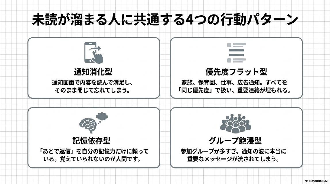 未読が溜まる人に共通する4つの行動パターン。通知消化型：通知画面で内容を読んで満足し、そのまま閉じて忘れてしまう。優先度フラット型：家族、保育園、仕事、広告通知。すべてを「同じ優先度」で扱い、重要連絡が埋もれる。記憶依存型：「あとで返信」を自分の記憶力だけに頼っている。覚えていられないのが人間です。グループ飽浸型：参加グループが多すぎ、通知の波に本当に重要なメッセージが流されてしまう。