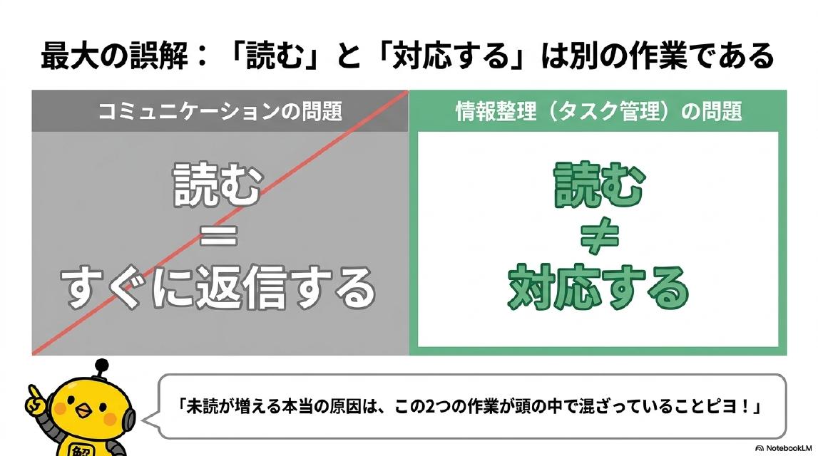 最大の誤解：「読む」と「対応する」は別の作業である。コミュニケーションの問題：読む＝すぐに返信する（バツ）。情報整理（タスク管理）の問題：読む≠対応する（マル）。カイピヨくん：「未読が増える本当の原因は、この2つの作業が頭の中で混ざっていることピヨ！」