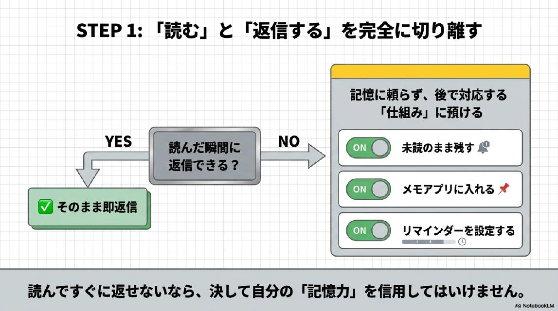 STEP1：「読む」と「返信する」を完全に切り離す。読んだ瞬間に返信できる？YES→そのまま即返信。NO→記憶に頼らず、後で対応する「仕組み」に預ける。未読のまま残す・メモアプリに入れる・リマインダーを設定する。読んですぐに返せないなら、決して自分の「記憶力」を信用してはいけません。