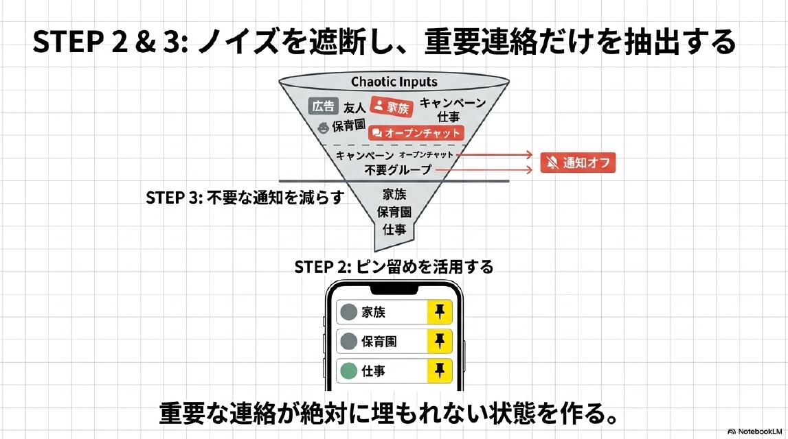 STEP2&3：ノイズを遮断し、重要連絡だけを抽出する。すべての連絡（広告・友人・家族・保育園・キャンペーン・オープンチャット）からキャンペーン・オープンチャット・不要グループは通知オフ。残った家族・保育園・仕事をSTEP2でピン留め。重要な連絡が絶対に埋もれない状態を作る。