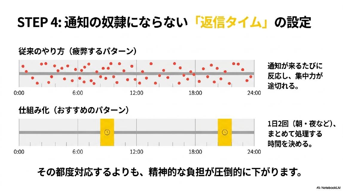 STEP4：通知の奴隷にならない「返信タイム」の設定。従来のやり方（疲弊するパターン）：通知が来るたびに反応し、集中力が途切れる。仕組み化（おすすめのパターン）：1日2回（朝・夜など）、まとめて処理する時間を決める。その都度対応するよりも、精神的な負担が圧倒的に下がります。