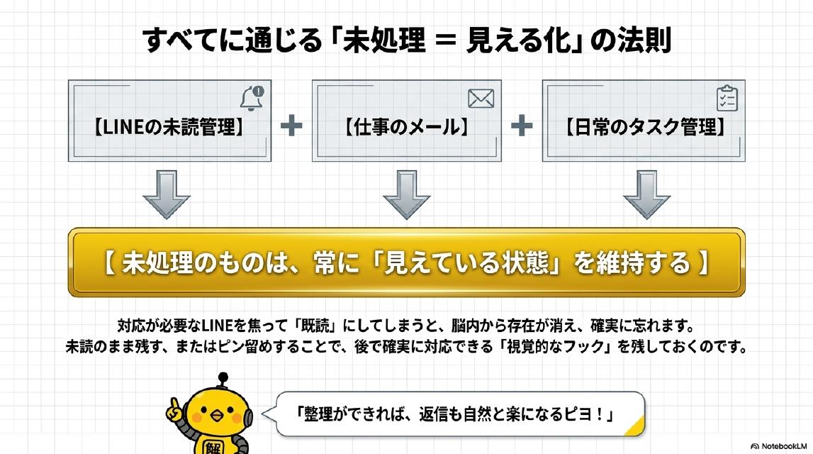 すべてに通じる「未処理＝見える化」の法則。LINEの未読管理＋仕事のメール＋日常のタスク管理→未処理のものは、常に「見えている状態」を維持する。対応が必要なLINEを焦って「既読」にしてしまうと、脳内から存在が消え、確実に忘れます。未読のまま残す、またはピン留めすることで、後で確実に対応できる「視覚的なフック」を残しておくのです。カイピヨくん：「整理ができれば、返信も自然と楽になるピヨ！」