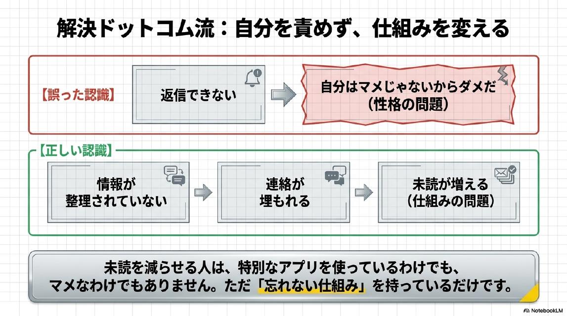 解決ドットコム流：自分を責めず、仕組みを変える。【誤った認識】返信できない→自分はマメじゃないからダメだ（性格の問題）。【正しい認識】情報が整理されていない→連絡が埋もれる→未読が増える（仕組みの問題）。未読を減らせる人は、特別なアプリを使っているわけでも、マメなわけでもありません。ただ「忘れない仕組み」を持っているだけです。