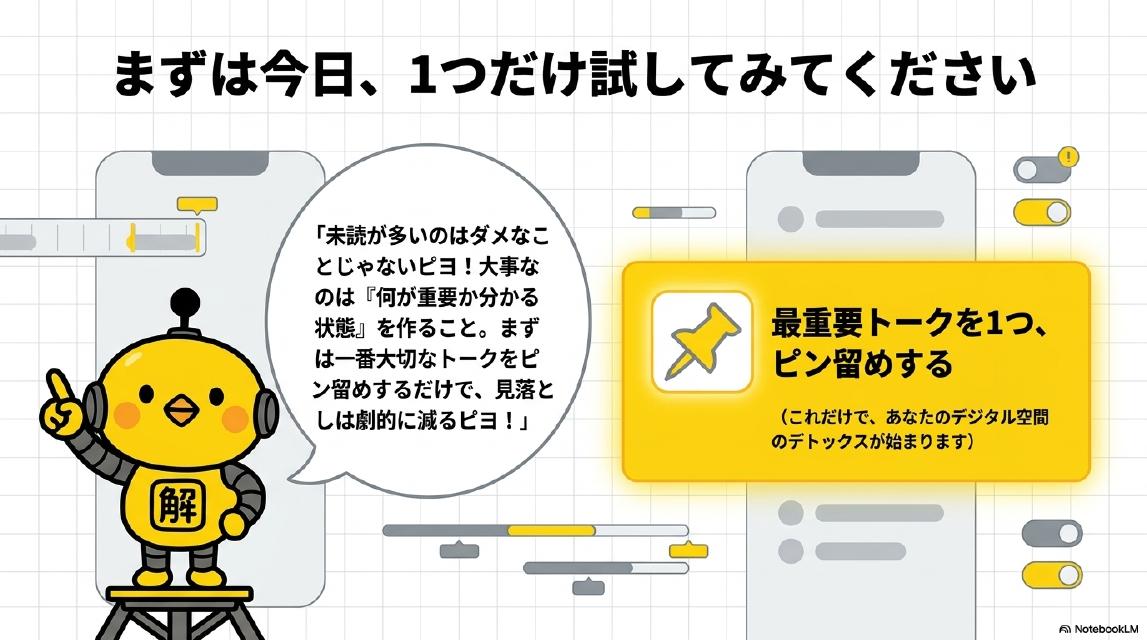 まずは今日、1つだけ試してみてください。カイピヨくん：「未読が多いのはダメなことじゃないピヨ！大事なのは『何が重要か分かる状態』を作ること。まずは一番大切なトークをピン留めするだけで、見落としは劇的に減るピヨ！」最重要トークを1つ、ピン留めする（これだけで、あなたのデジタル空間のデトックスが始まります）