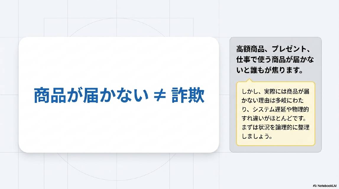 商品が届かない ≠ 詐欺。高額商品・プレゼント・仕事で使う商品が届かないと誰もが焦ります。しかし実際には商品が届かない理由は多岐にわたり、システム遅延や物理的なすれ違いがほとんどです。まずは状況を論理的に整理しましょう。