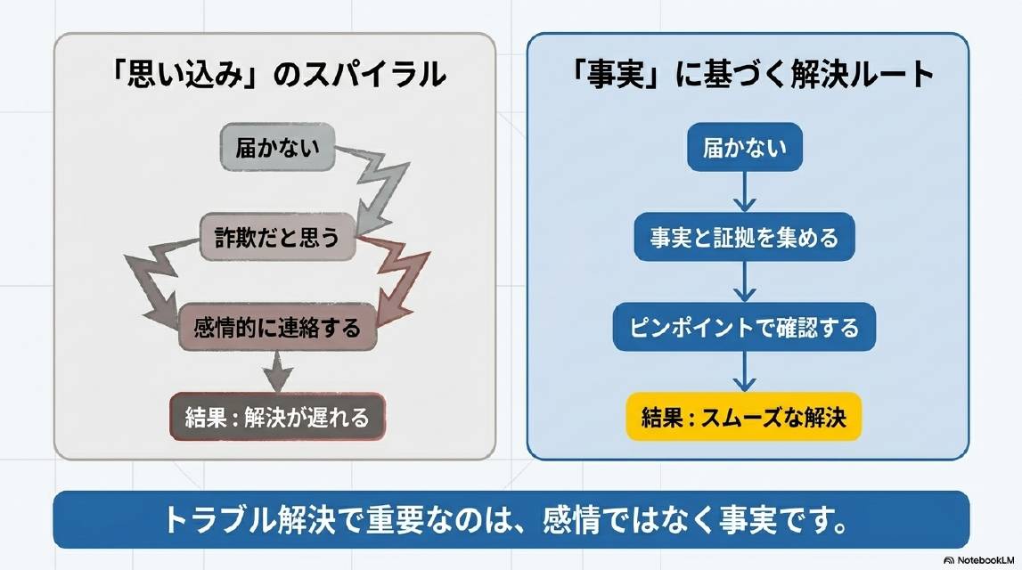 「思い込み」のスパイラルと「事実」に基づく解決ルート。思い込みのスパイラル：届かない→詐欺だと思う→感情的に連絡する→結果：解決が遅れる。事実に基づく解決ルート：届かない→事実と証拠を集める→ピンポイントで確認する→結果：スムーズな解決。トラブル解決で重要なのは感情ではなく事実です。