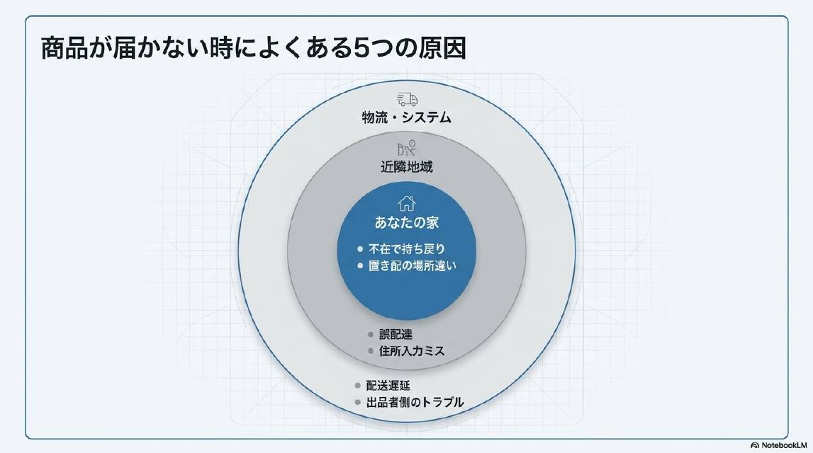 商品が届かない時によくある5つの原因（同心円図）。あなたの家：不在で持ち戻り・置き配の場所違い。近隣地域：誤配達・住所入力ミス。物流・システム：配送遅延・出品者側のトラブル。