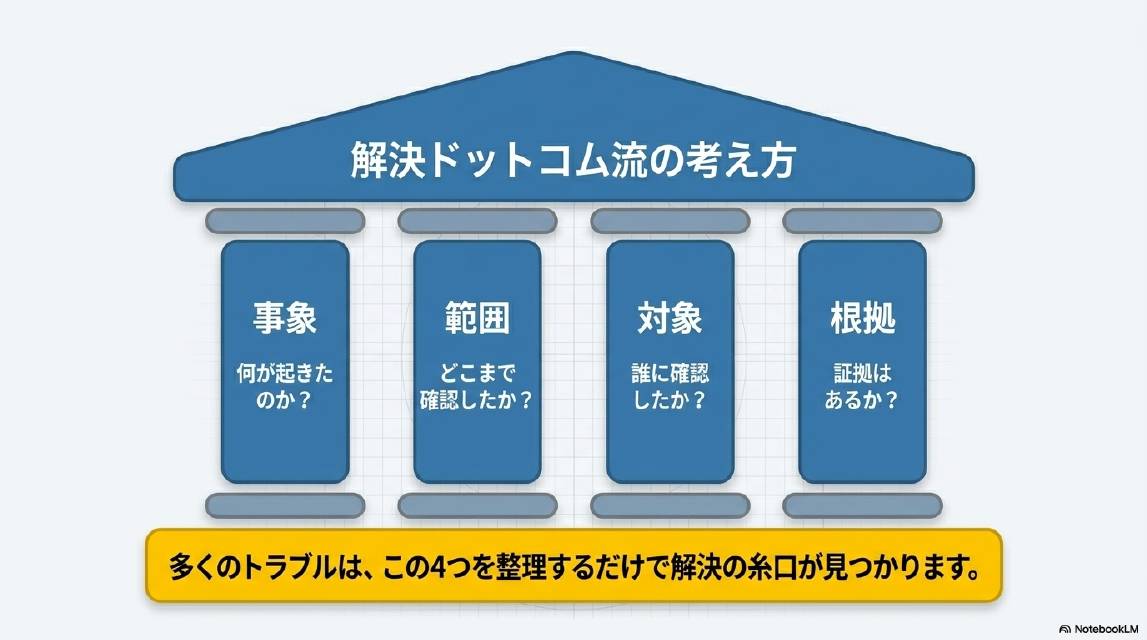 解決ドットコム流の考え方。4本の柱：事象（何が起きたのか？）・範囲（どこまで確認したか？）・対象（誰に確認したか？）・根拠（証拠はあるか？）。多くのトラブルはこの4つを整理するだけで解決の糸口が見つかります。