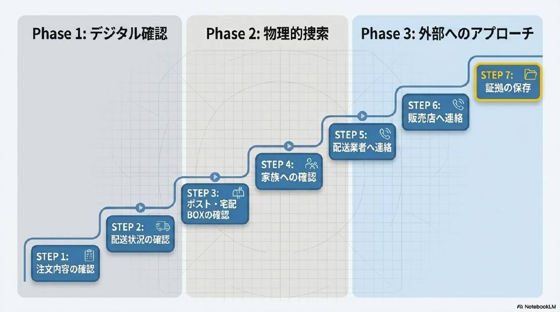 7STEPの全体像。Phase1デジタル確認：STEP1注文内容の確認→STEP2配送状況の確認。Phase2物理的捜索：STEP3ポスト・宅配BOXの確認→STEP4家族への確認。Phase3外部へのアプローチ：STEP5配送業者へ連絡→STEP6販売店へ連絡→STEP7証拠の保存。