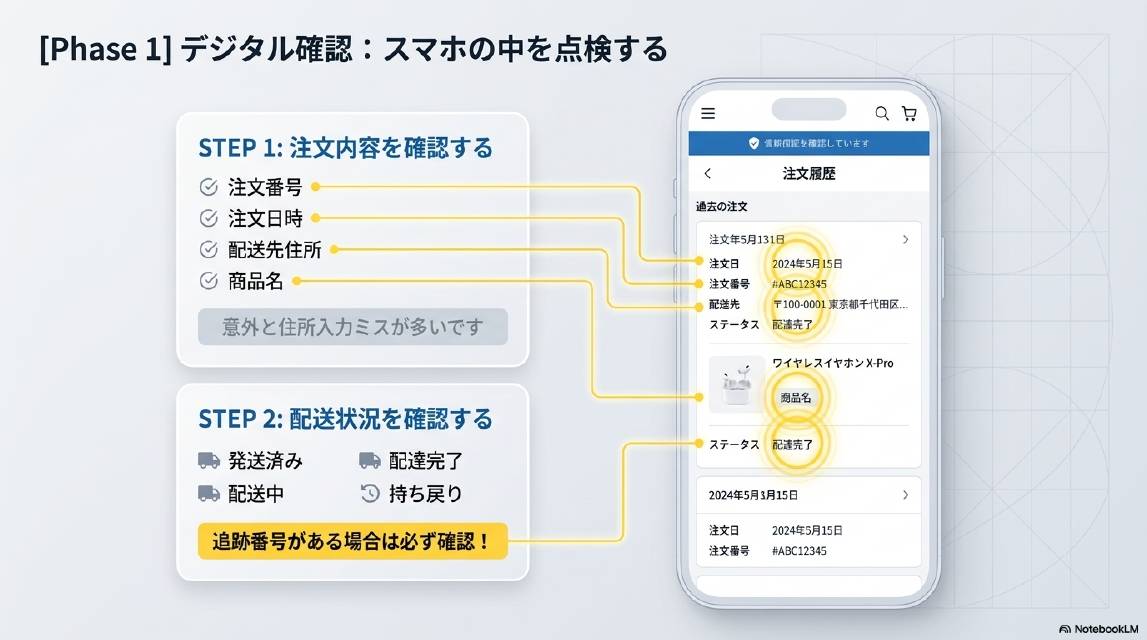 Phase1 デジタル確認：スマホの中を点検する。STEP1：注文内容を確認する——注文番号・注文日時・配送先住所・商品名を確認。意外と住所入力ミスが多い。STEP2：配送状況を確認する——発送済み・配送中・配達完了・持ち戻りのいずれかを確認。追跡番号がある場合は必ず確認！