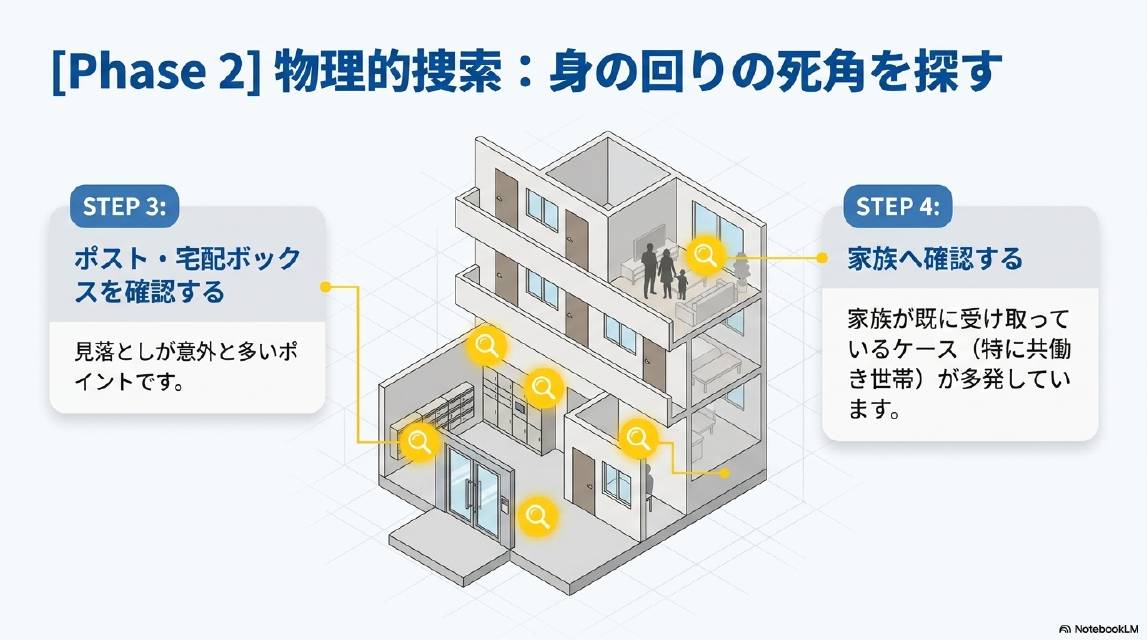 Phase2 物理的捜索：身の回りの死角を探す。STEP3：ポスト・宅配ボックスを確認する（見落としが意外と多いポイントです）。STEP4：家族へ確認する（家族が既に受け取っているケース・特に共働き世帯が多発しています）。マンションの各所に検索ルーペが当たっている図。