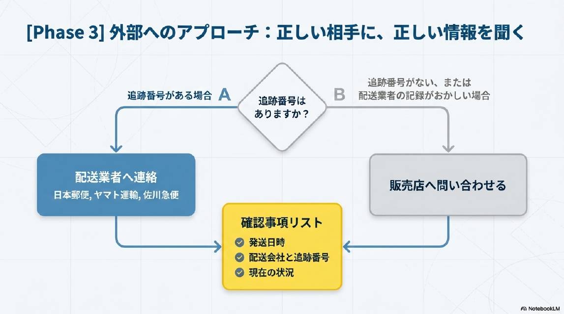 Phase3 外部へのアプローチ：正しい相手に正しい情報を聞く。追跡番号の有無で分岐。追跡番号がある場合A：配送業者へ連絡（日本郵便・ヤマト運輸・佐川急便）。追跡番号がないまたは配送業者の記録がおかしい場合B：販売店へ問い合わせる。確認事項リスト：発送日時・配送会社と追跡番号・現在の状況。