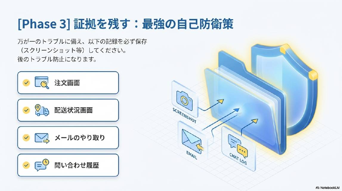 Phase3 証拠を残す：最強の自己防衛策。万が一のトラブルに備え以下の記録を必ず保存（スクリーンショット等）してください。後のトラブル防止になります。①注文画面 ②配送状況画面 ③メールのやり取り ④問い合わせ履歴。
