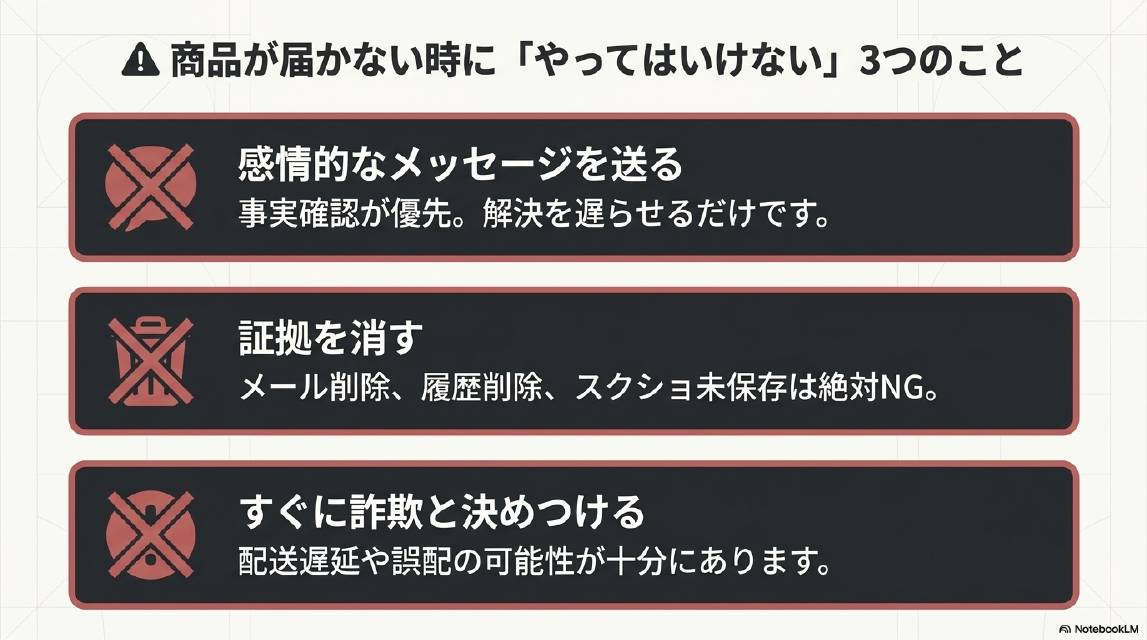 商品が届かない時にやってはいけない3つのこと。①感情的なメッセージを送る：事実確認が優先。解決を遅らせるだけです。②証拠を消す：メール削除・履歴削除・スクショ未保存は絶対NG。③すぐに詐欺と決めつける：配送遅延や誤配の可能性が十分にあります。