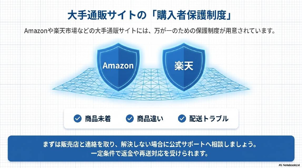 大手通販サイトの「購入者保護制度」。AmazonとAmazonと楽天市場には万が一のための保護制度が用意されています。対応範囲：商品未着・商品違い・配送トラブル。まずは販売店と連絡を取り、解決しない場合に公式サポートへ相談しましょう。一定条件で返金や再送対応を受けられます。