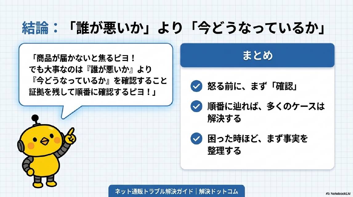 結論：「誰が悪いか」より「今どうなっているか」。まとめ：怒る前に、まず「確認」。順番に辿れば、多くのケースは解決する。困った時ほど、まず事実を整理する。カイピヨくん：商品が届かないと焦るピヨ！でも大事なのは誰が悪いかより今どうなっているかを確認することピヨ！証拠を残して順番に確認するピヨ！ネット通販トラブル解決ガイド｜解決ドットコム。