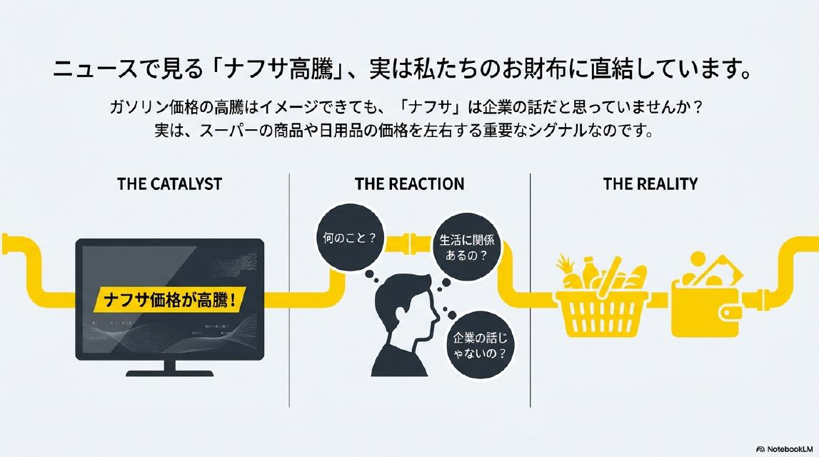 ニュースで見る「ナフサ高騰」、実は私たちのお財布に直結しています。ガソリン価格の高騰はイメージできても「ナフサ」は企業の話だと思っていませんか？実は、スーパーの商品や日用品の価格を左右する重要なシグナルなのです。THE CATALYST（ナフサ価格が高騰！）→THE REACTION（何のこと？生活に関係あるの？企業の話じゃないの？）→THE REALITY（食品・日用品・財布へ影響）