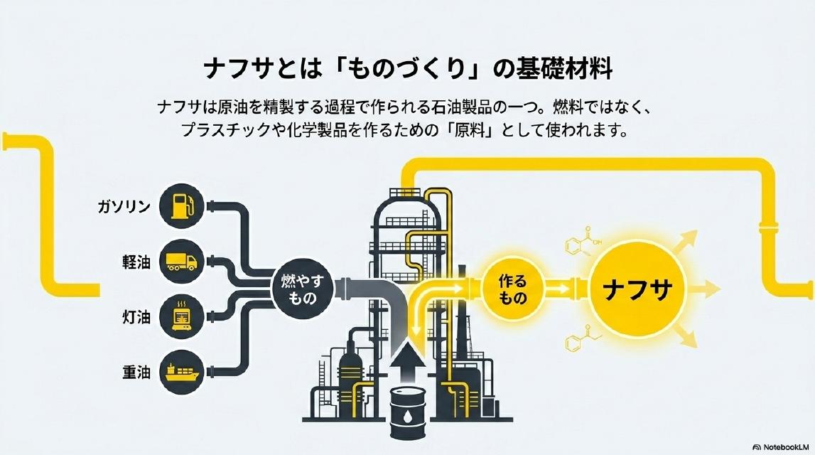 ナフサとは「ものづくり」の基礎材料。ナフサは原油を精製する過程で作られる石油製品の一つ。燃料ではなく、プラスチックや化学製品を作るための「原料」として使われます。原油精製→ガソリン・軽油・灯油・重油（燃やすもの）とナフサ（作るもの）に分かれる。