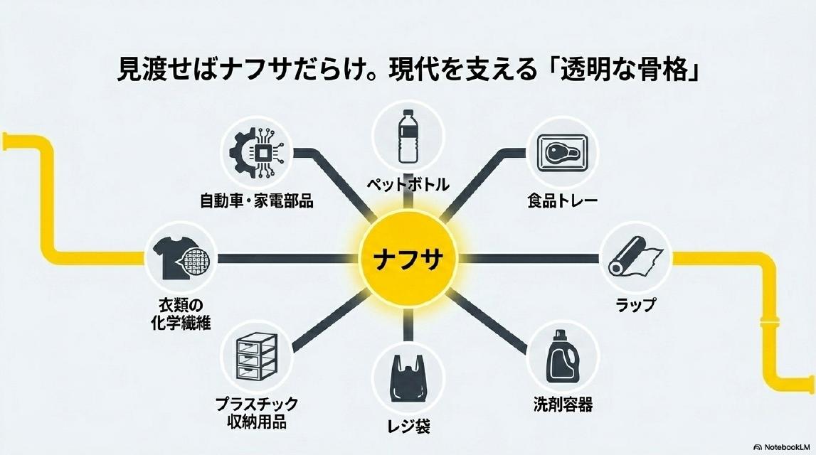 見渡せばナフサだらけ。現代を支える「透明な骨格」。ナフサを中心に：ペットボトル・食品トレー・ラップ・洗剤容器・レジ袋・プラスチック収納用品・衣類の化学繊維・自動車・家電部品。