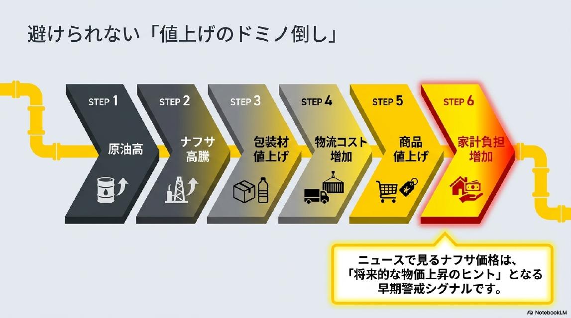 避けられない「値上げのドミノ倒し」。STEP1：原油高→STEP2：ナフサ高騰→STEP3：包装材値上げ→STEP4：物流コスト増加→STEP5：商品値上げ→STEP6：家計負担増加。ニュースで見るナフサ価格は、「将来的な物価上昇のヒント」となる早期警戒シグナルです。