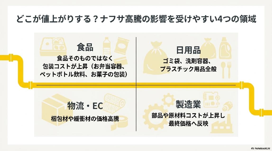 どこが値上がりする？ナフサ高騰の影響を受けやすい4つの領域。食品：食品そのものではなく包装コストが上昇（お弁当容器・ペットボトル飲料・お菓子の包装）。日用品：ゴミ袋・洗剤容器・プラスチック用品全般。物流・EC：梱包材や緩衝材の価格高騰。製造業：部品や原材料コストが上昇し最終価格へ反映。
