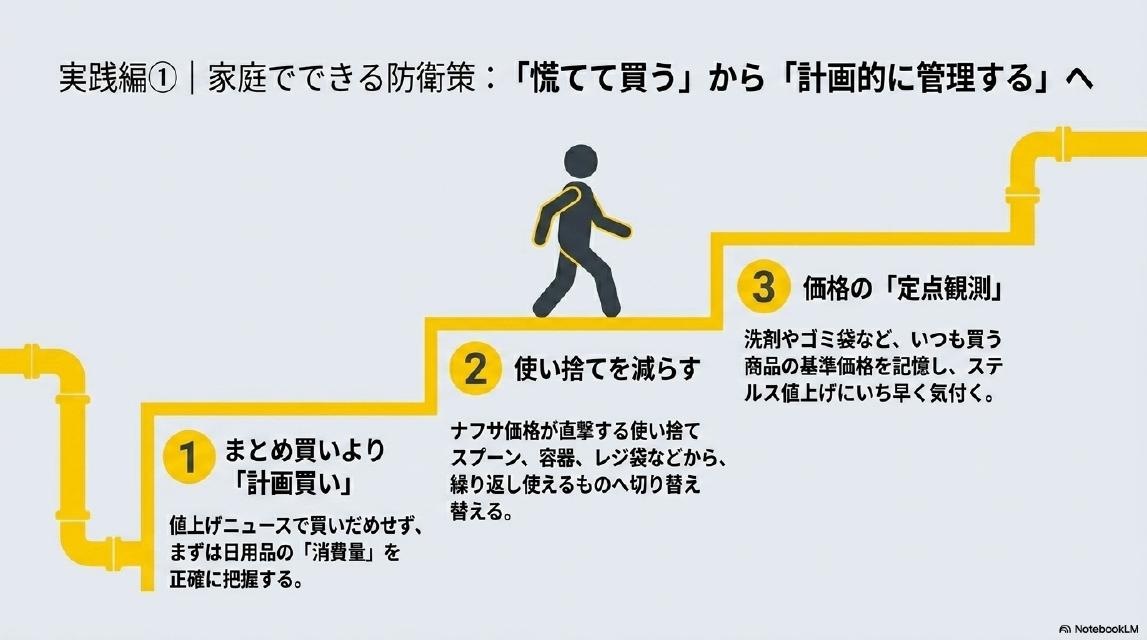 実践編①｜家庭でできる防衛策：「慌てて買う」から「計画的に管理する」へ。①まとめ買いより「計画買い」：値上げニュースで買いだめせず、まずは日用品の「消費量」を正確に把握する。②使い捨てを減らす：ナフサ価格が直撃する使い捨てスプーン・容器・レジ袋などから、繰り返し使えるものへ切り替える。③価格の「定点観測」：洗剤やゴミ袋など、いつも買う商品の基準価格を記憶し、ステルス値上げにいち早く気付く。
