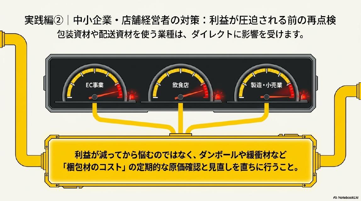 実践編②｜中小企業・店舗経営者の対策：利益が圧迫される前の再点検。包装資材や配送資材を使う業種は、ダイレクトに影響を受けます。EC事業・飲食店・製造・小売業のコストメーター。利益が減ってから悩むのではなく、ダンボールや緩衝材など「梱包材のコスト」の定期的な原価確認と見直しを直ちに行うこと。
