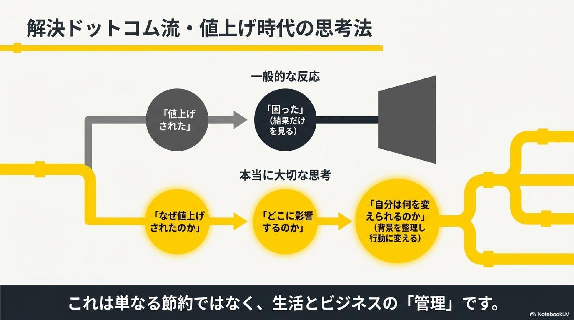 解決ドットコム流・値上げ時代の思考法。一般的な反応：「値上げされた」→「困った」（結果だけを見る）→行き詰まる。本当に大切な思考：「なぜ値上げされたのか」→「どこに影響するのか」→「自分は何を変えられるのか」（背景を整理し行動に変える）。これは単なる節約ではなく、生活とビジネスの「管理」です。
