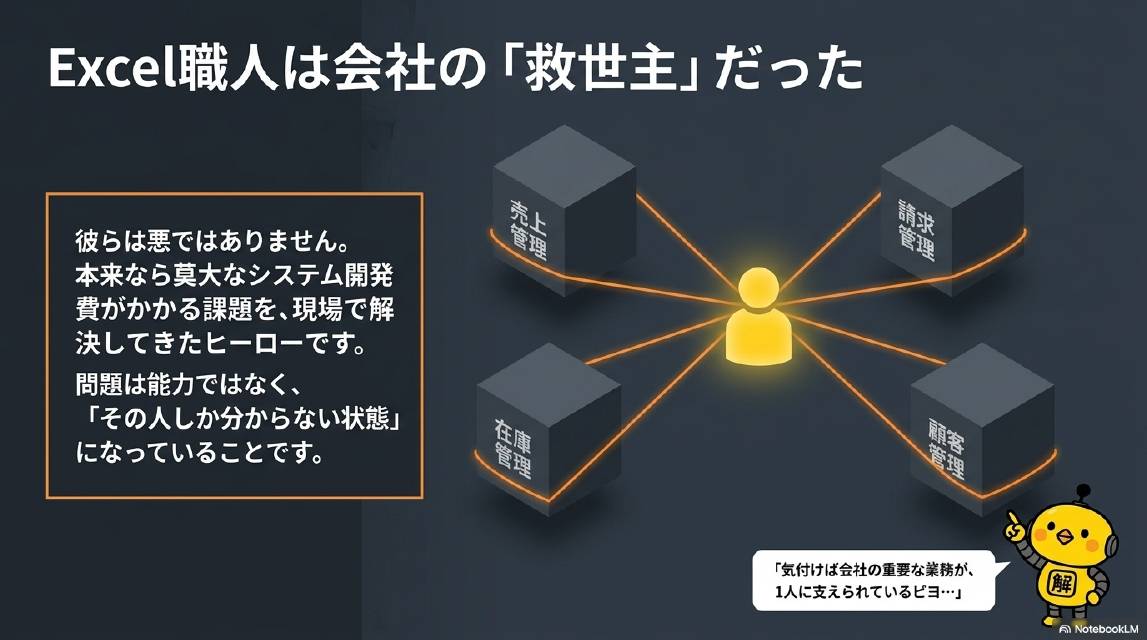 Excel職人は会社の「救世主」だった。彼らは悪ではありません。本来なら莫大なシステム開発費がかかる課題を現場で解決してきたヒーローです。問題は能力ではなく「その人しか分からない状態」になっていることです。売上管理・請求管理・在庫管理・顧客管理のすべてが1人に集中している。