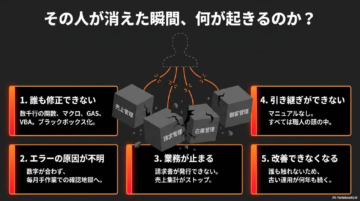 その人が消えた瞬間、何が起きるのか？1.誰も修正できない：数千行の関数・マクロ・GAS・VBAがブラックボックス化。2.エラーの原因が不明：数字が合わず毎月手作業での確認地獄へ。3.業務が止まる：請求書が発行できない・売上集計がストップ。4.引き継ぎができない：マニュアルなし・すべては職人の頭の中。5.改善できなくなる：誰も触れないため古い運用が何年も続く。