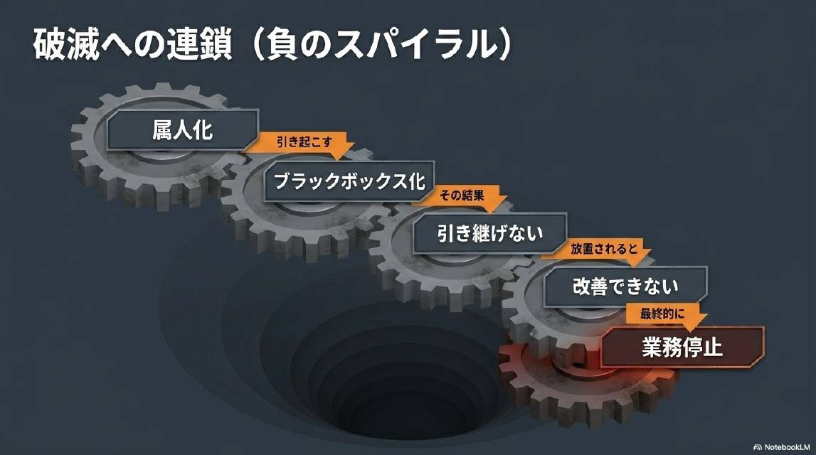 破滅への連鎖（負のスパイラル）。属人化→（引き起こす）ブラックボックス化→（その結果）引き継げない→（放置されると）改善できない→（最終的に）業務停止。