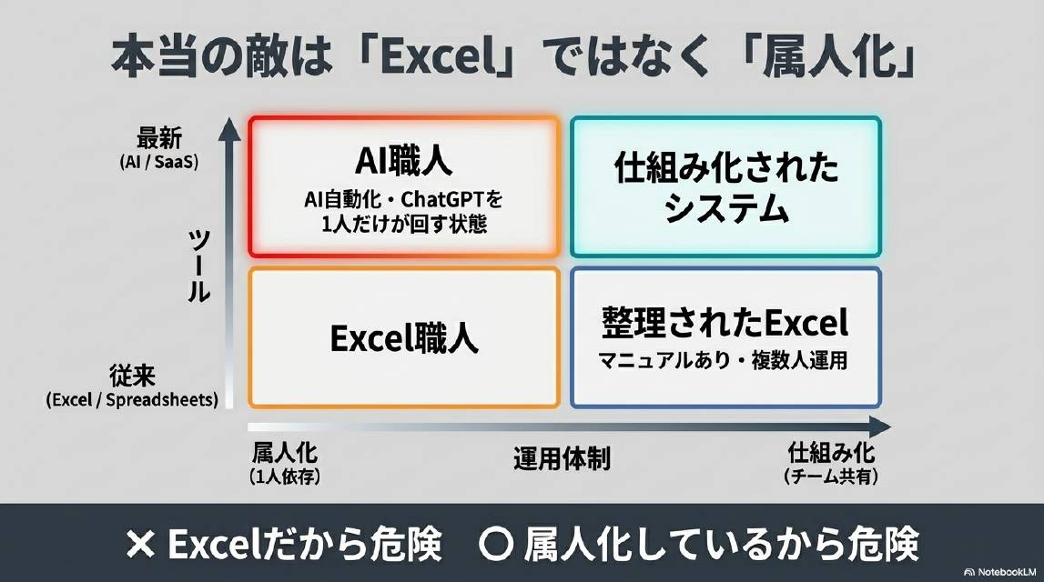 本当の敵は「Excel」ではなく「属人化」。縦軸ツール（従来Excel・スプレッドシートから最新AI・SaaS）×横軸運用体制（属人化・1人依存から仕組み化・チーム共有）の2×2マトリクス。属人化×従来=Excel職人（危険）。属人化×最新=AI職人（同じく危険）。仕組み化×従来=整理されたExcel・マニュアルあり・複数人運用（安全）。仕組み化×最新=仕組み化されたシステム（最良）。×Excelだから危険、○属人化しているから危険。