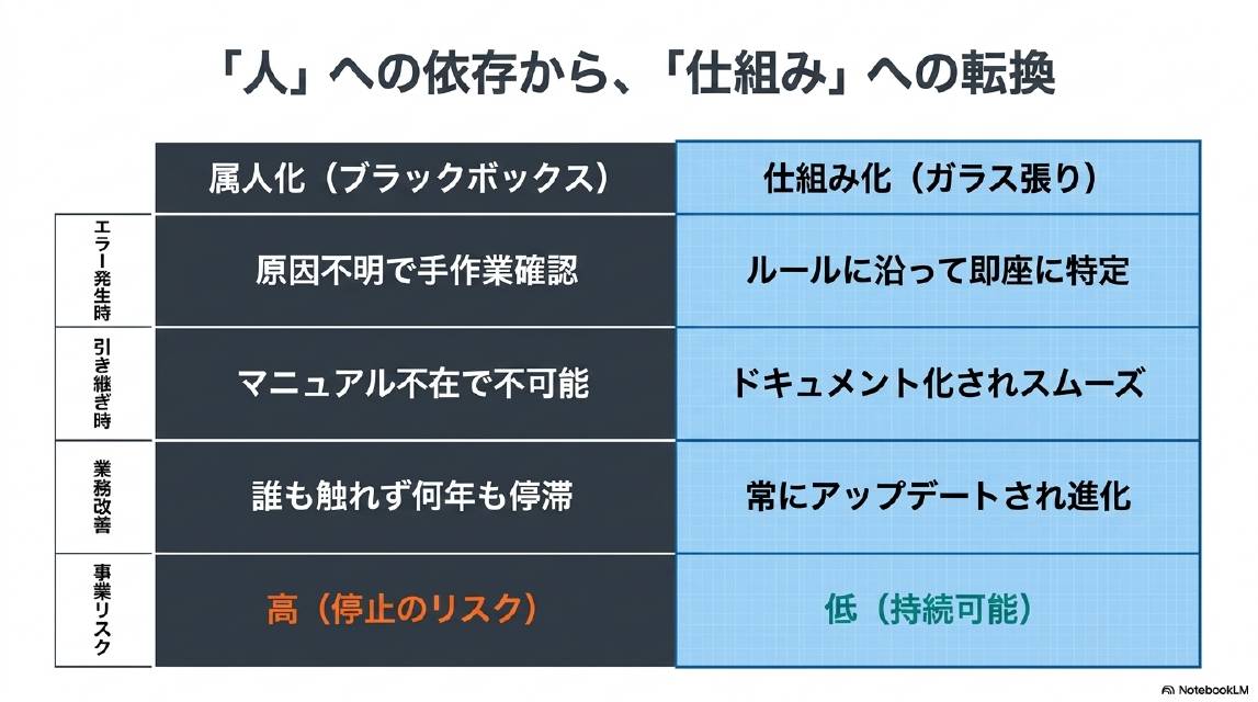 「人」への依存から「仕組み」への転換。属人化（ブラックボックス）vs仕組み化（ガラス張り）の比較。エラー発生時：原因不明で手作業確認 vs ルールに沿って即座に特定。引き継ぎ時：マニュアル不在で不可能 vs ドキュメント化されスムーズ。業務改善：誰も触れず何年も停滞 vs 常にアップデートされ進化。事業リスク：高（停止のリスク） vs 低（持続可能）。