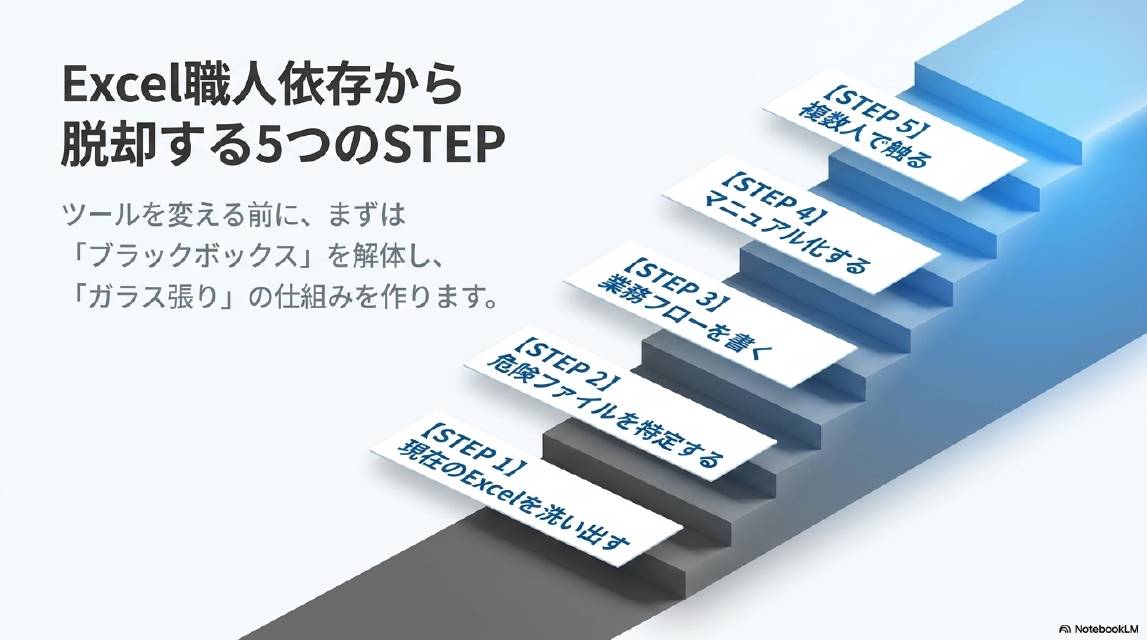 Excel職人依存から脱却する5つのSTEP。ツールを変える前に、まず「ブラックボックス」を解体し、「ガラス張り」の仕組みを作ります。STEP1：現在のExcelを洗い出す、STEP2：危険ファイルを特定する、STEP3：業務フローを書く、STEP4：マニュアル化する、STEP5：複数人で触る。