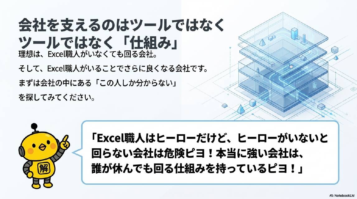 会社を支えるのはツールではなく「仕組み」。理想は、Excel職人がいなくても回る会社。そして、Excel職人がいることでさらに良くなる会社です。まずは会社の中にある「この人しか分からない」を探してみてください。カイピヨくん：Excel職人はヒーローだけど、ヒーローがいないと回らない会社は危険ピヨ！本当に強い会社は、誰が休んでも回る仕組みを持っているピヨ！