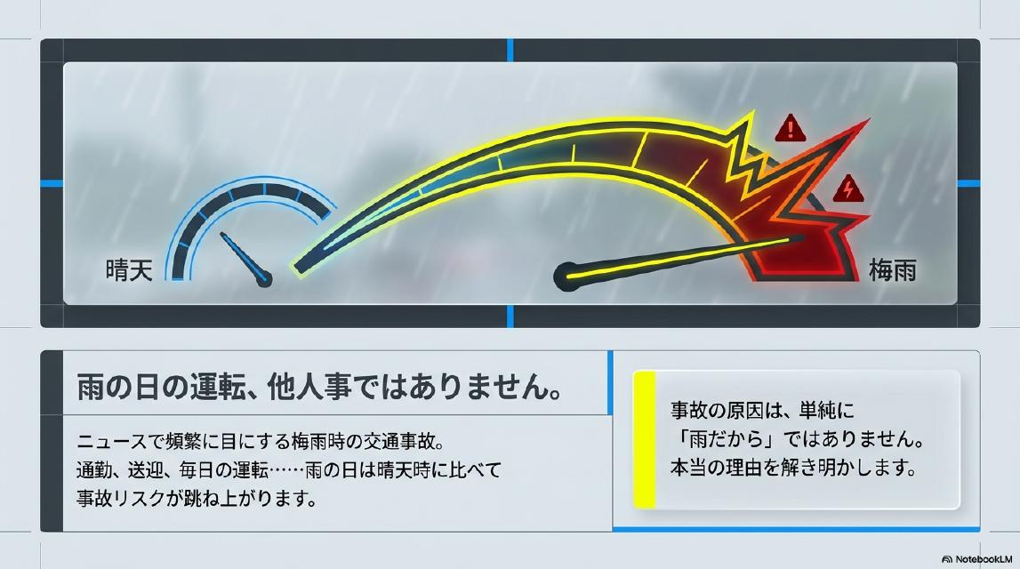 雨の日の運転、他人事ではありません。晴天から梅雨にかけて事故リスクが急上昇するメーター。ニュースで頻繁に目にする梅雨時の交通事故。通勤・送迎・毎日の運転……雨の日は晴天時に比べて事故リスクが跳ね上がります。事故の原因は、単純に「雨だから」ではありません。本当の理由を解き明かします。